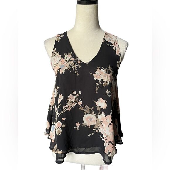 Sienna Sky Black Layered Chiffon Sleeveless Blouse w/Floral Print (Size: XS) - Picture 1 of 8
